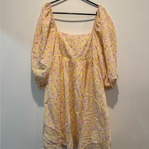 Storia Floral Puff Sleeve Dress - Yellow and Pink